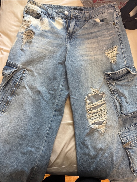 True Religion Denim - True Religion Light Blue Distressed Cargo Jeans for women